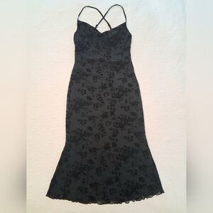 Black Sheer Overlay Floral Pattern Fitted Maxi Dress Draped Fishtail